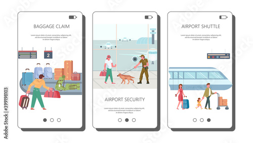 Set of vector touch screen for different Airport scenes mobile applications. Smartphone illustrations with airport shuttle passengers, security and baggage claim