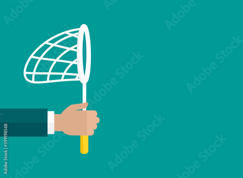 Businessman hand holds butterfly net. Catch, hunt, chase symbol.