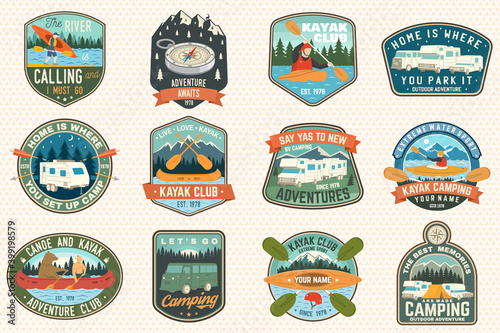 Set of summer camp, canoe and kayak club badges. Vector. For patch. Design with camping, mountain, river, american indian and kayaker silhouette. Extreme camp and water sport kayak patches