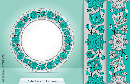 Home Decor, Porcelain Plate Design Pattern. Turkish Pattern Porcelain Design. Decorative ceramic plates and mug ornate with traditional floral pattern, Turkish motives.