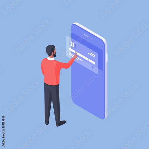 Man entering credit card credential in online app