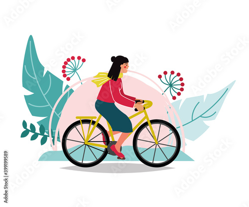 Young Woman Character Riding Bicycle with Flowers in Front Basket on Park Background. Active Girl Enjoying Bike Ride Open Air. Healthy Lifestyle, Eco Transportation. Cartoon Flat Vector Illustration