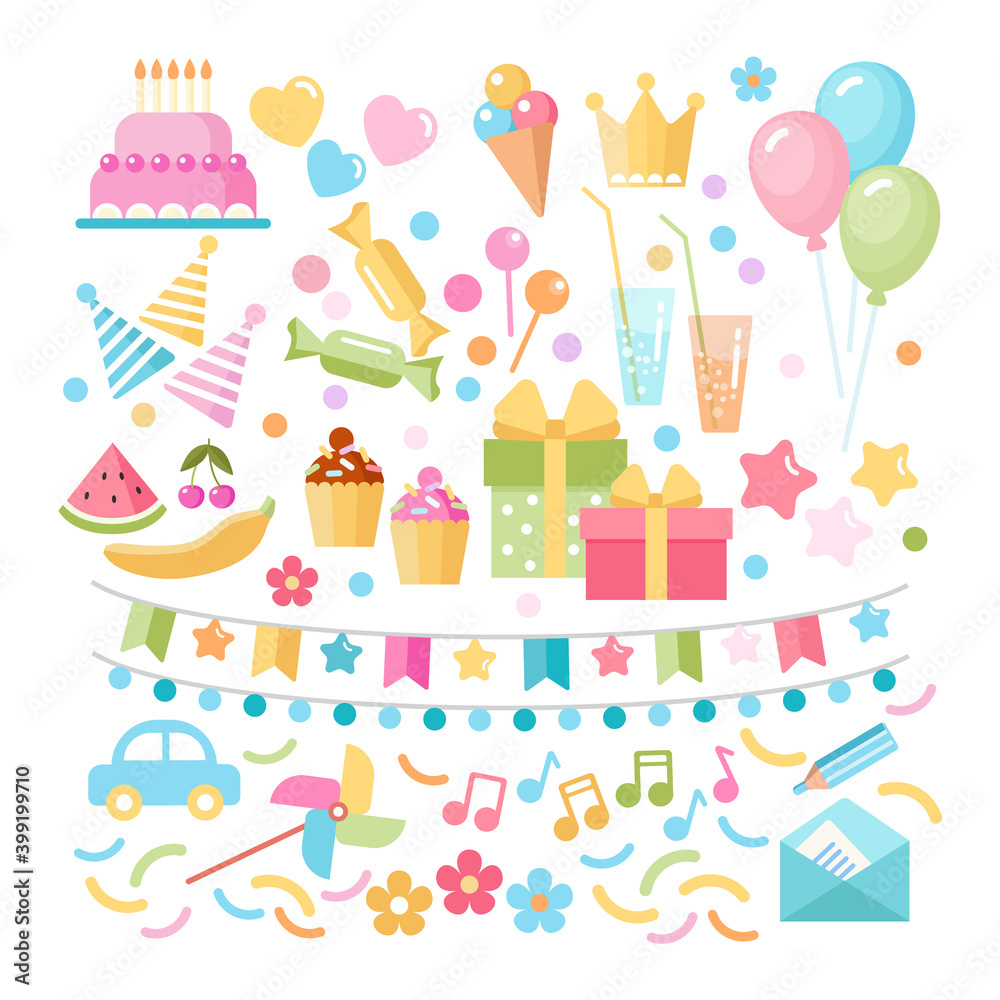 Kids party and celebration design elements: cake, gift, toy, sweets, fruits, food.  Vector flat illustration
