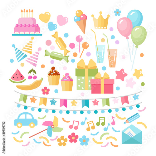 Kids party and celebration design elements: cake, gift, toy, sweets, fruits, food. Vector flat illustration
