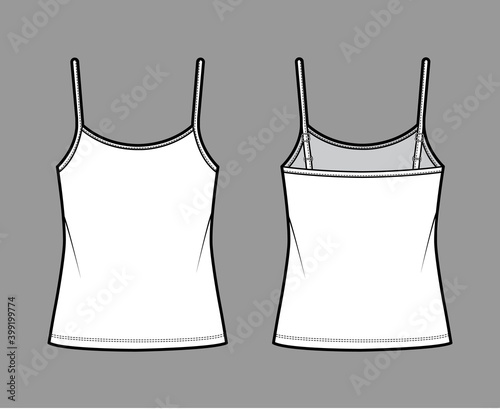 Camisole scoop neck cotton-jersey top technical fashion illustration with thin adjustable straps, oversized. Flat outwear tank template front, back, white color. Women men unisex CAD mockup
