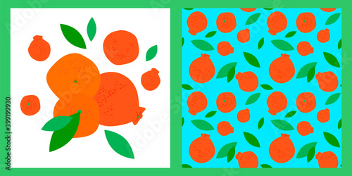illustration and seamless pattern with Jeju Island Orange Hallabong. Modern abstract design for packaging, paper, cover, fabric, interior decor, souvenirs and clothes