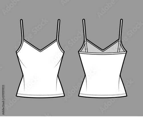 Camisole V-neck cotton-jersey top technical fashion illustration with thin adjustable straps, slim fit, tunic length. Flat outwear tank template front, back, white color. Women men unisex CAD mockup