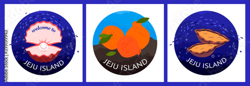 illustration with oyster with pearl, Orange Hallabong and abalone on jeju island. Jeju-do island symbols. Modern abstract design for packaging, paper, fabric, interior decor, souvenirs and clothes