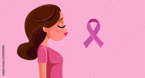 Portrait of a Woman Next to Breast Cancer Awareness Ribbon