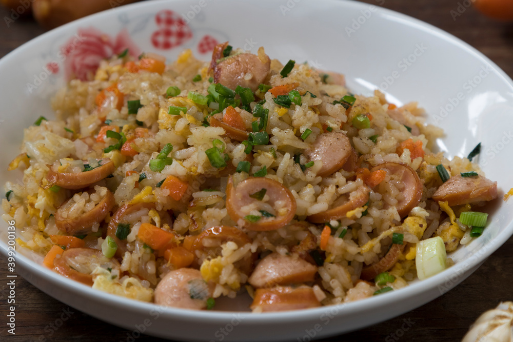 Thai fried rice with pork sausages