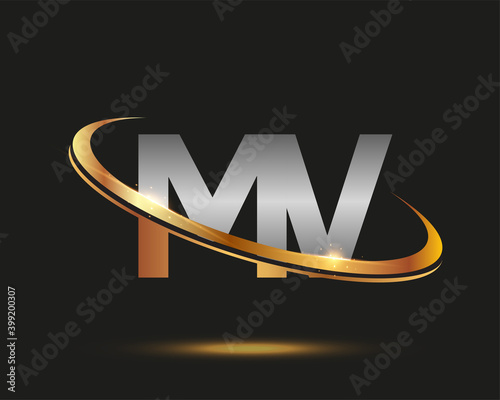 initial letter MV logotype company name colored gold and silver swoosh design. isolated on black background.
