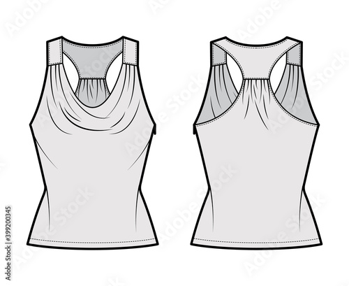 Tank racerback cowl top technical fashion illustration with ruching, fitted body, tunic length. Flat apparel outwear shirt template front, back, grey color. Women, men unisex CAD mockup