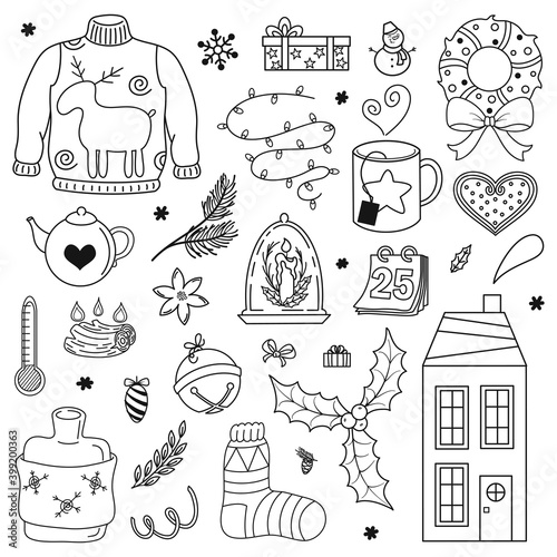 Cute hand drawn hygge winter collection isolated on white background. Vector outline elements. Cozy Christmas illustrations and doodle symbols for design wrapping paper, card, gift, print, fabric, web