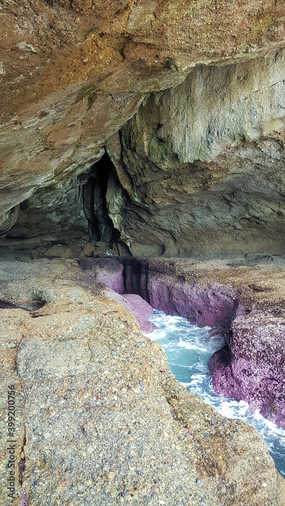 The Pink Cave at Catherine Hill Bay near Moonee Beach New South Wales Australia. A sea cave with an amazing pink rock band visible at low tide