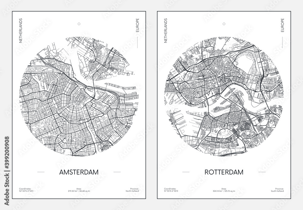 Obraz premium Travel poster, urban street plan city map Amsterdam and Rotterdam, vector illustration