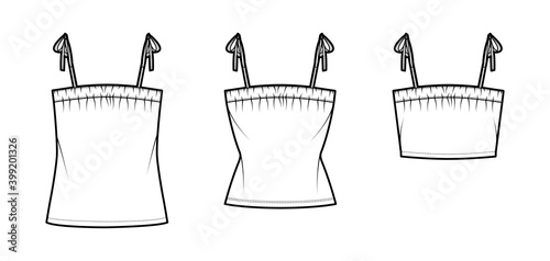 Set of Tanks tie strap tops technical fashion illustration with ruching, oversized and fitted body, tunic and waist length. Flat apparel outwear shirt template front white color. Women, men CAD mockup