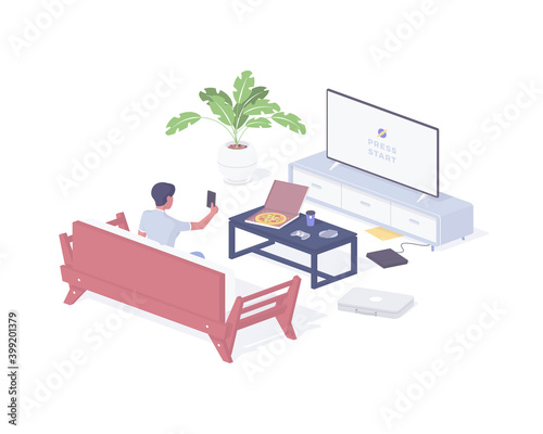 Woman watching tv while relaxing at home isometric illustration. Female character turns on device with favorite movie.