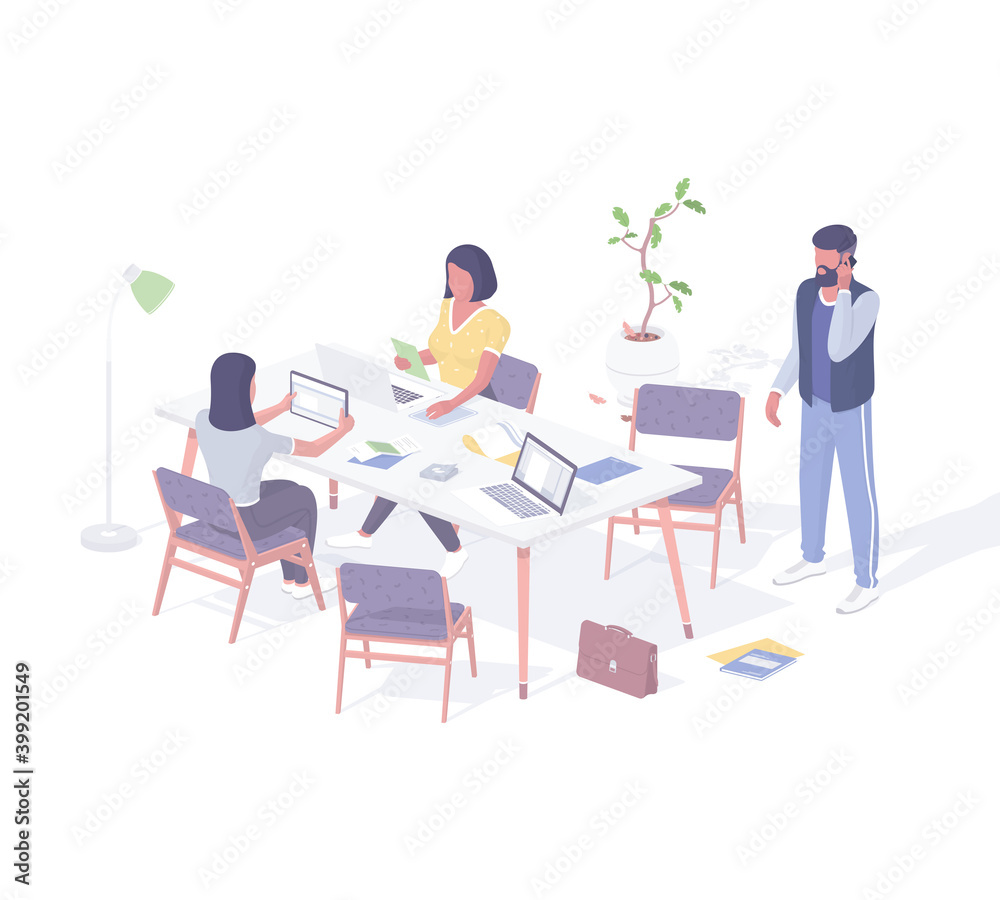 Teamwork new project isometric concept. Female characters with tablet and laptop collect online statistics. Teamwork new project isometric concept. Female characters with tablet and laptop collect online statistics.