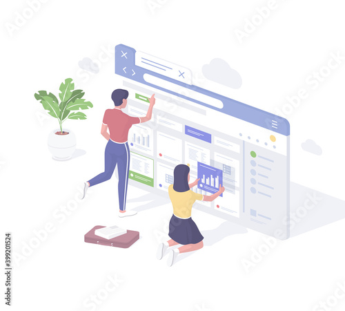 Developers go online to cloud storage realistic isometric. Female characters search and download relevant web information analyze.