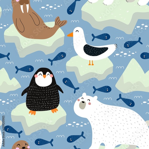 Seamless pattern with Arctic and Antarctic animals, decor elements. Colorful vector flat for kids. hand drawing. baby design for fabric, print, wrapper, textile