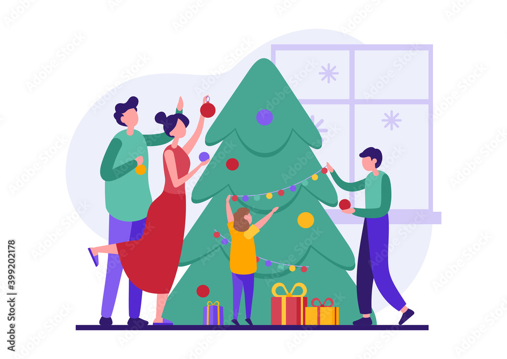 Family decorates christmas tree at home illustration. Happy male and female characters dress up colored balls on green pine. Family decorates christmas tree at home illustration. Happy male and female characters dress up colored balls on green pine.