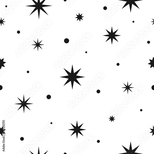 Seamless cute pattern with black stars or sparkles and snow on white background.
