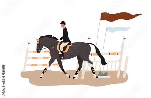 Young horseman at racecourse or equestrian tourney. Man riding horse at competition. Jockey at racehorse. Scene of horseback and dressage. Flat vector cartoon illustration isolated on white