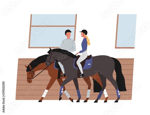 Young couple riding horses. Scene of horseback and active recreation. Cheerful horseman and horsewoman training together. Vector illustration of equestrian and equestrienne in flat cartoon style