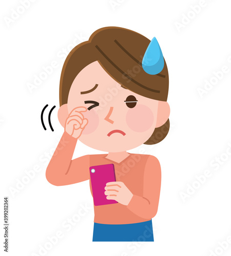 スマホによる眼精疲労　かすみ目　女性　イラスト
