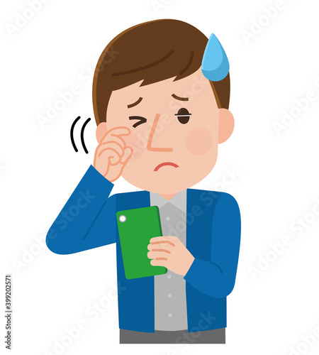 スマホによる眼精疲労　かすみ目　男性　イラスト