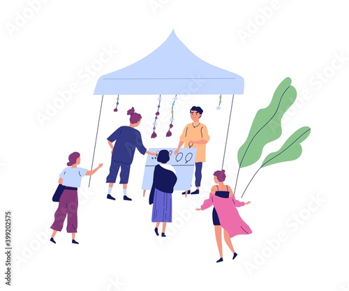 Counter with handmade jewelry or bijouterie. Seller and female customers at summer open air festival, market or fair. Garage sale outdoors. Flat colorful cartoon vector illustration isolated on white