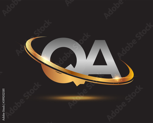 initial letter QA logotype company name colored gold and silver swoosh design. isolated on black background.