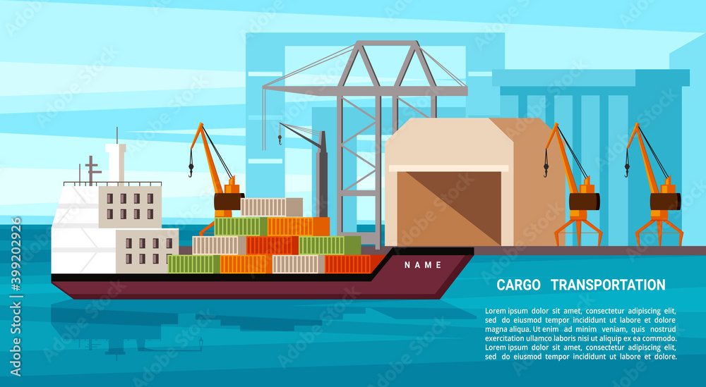 Sea freight illustration. Heavy tanker with containers arrives at international port powerful cranes are ready start unloading goods to warehouse commercial industrial deliveries. Trading vector. - obrazy, fototapety, plakaty 