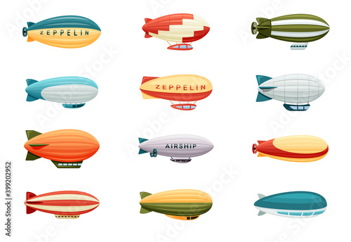 Passenger airships set. Bright colored cigar shaped balloons retro zeppelin with stripes cabins for people elongated huge balloons with helium for free travel tourism. Vector cartoon art