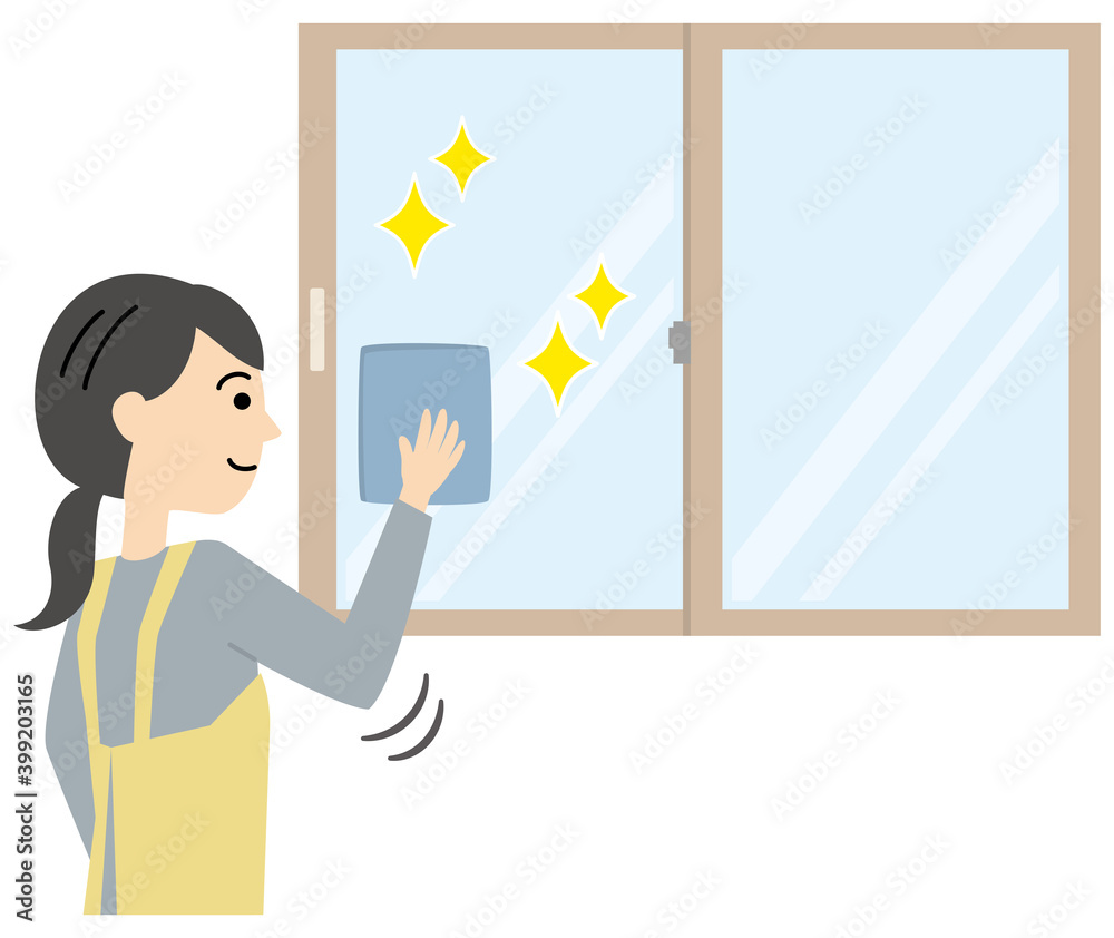 Fototapeta premium 窓の拭き掃除をするエプロンの女性 主婦 Woman cleaning the window