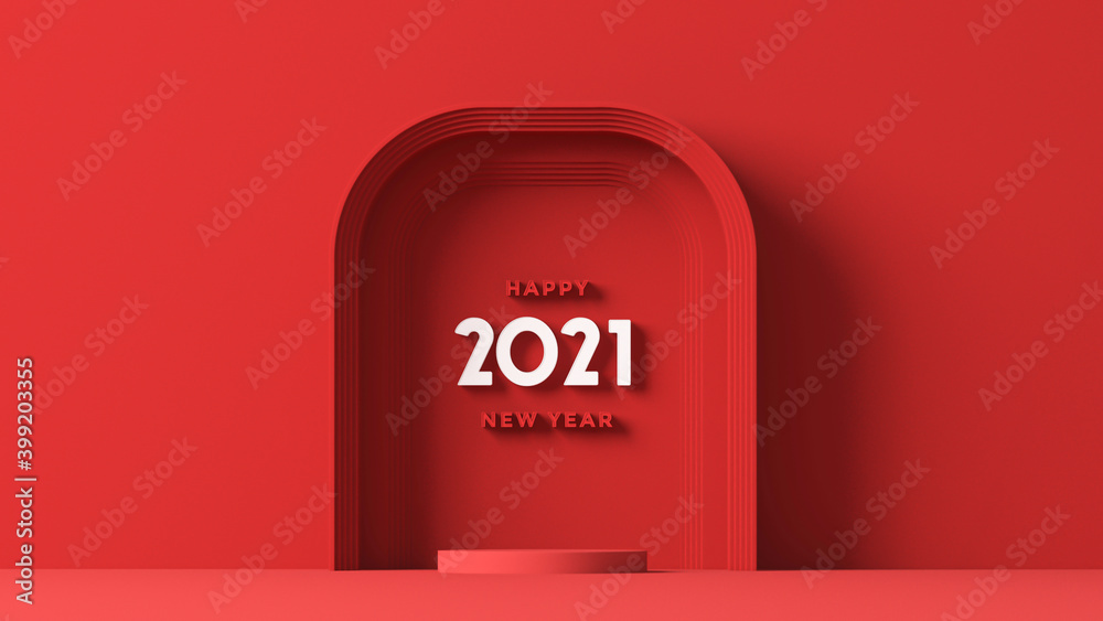 Minimal stage with podium and red background. Concept of Happy New Year, Sale. 3D numbers 2021 and text letter, poster, banner, cover card, brochure, studio, mockup. 3d rendering
