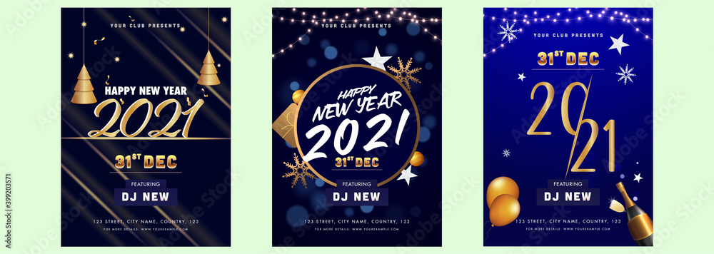 Happy New Year Party Flyer Or Template Design In Three Options.