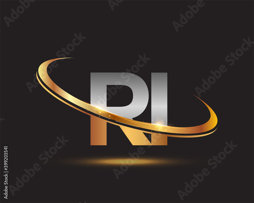 initial letter RI logotype company name colored gold and silver swoosh design. isolated on black background.