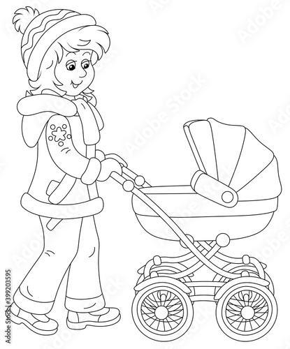 Young cute mom on a leisurely walk with her small child sleeping in a baby carriage on a winter day, black and white outline vector cartoon illustration for a coloring book page