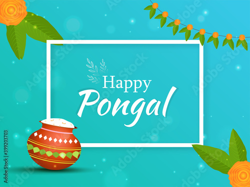 Happy Pongal Text With Rice Mud Pot, Flowers And Mango Leaves On Turquoise Background.