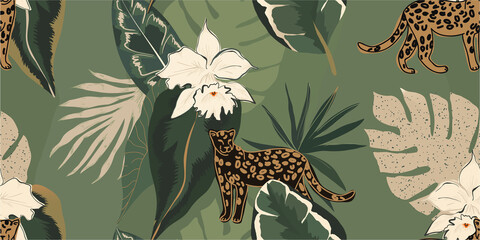 Gardinen Tiermuster Hand drawn abstract jungle pattern with leopards. Creative collage contemporary seamless pattern. Natural colors. Fashionable template for design.  © MURRIRA