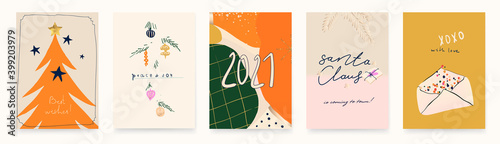 2021 Trendy set of winter holidays greeting cards. Contemporary modern hand drawn vector illustration. 