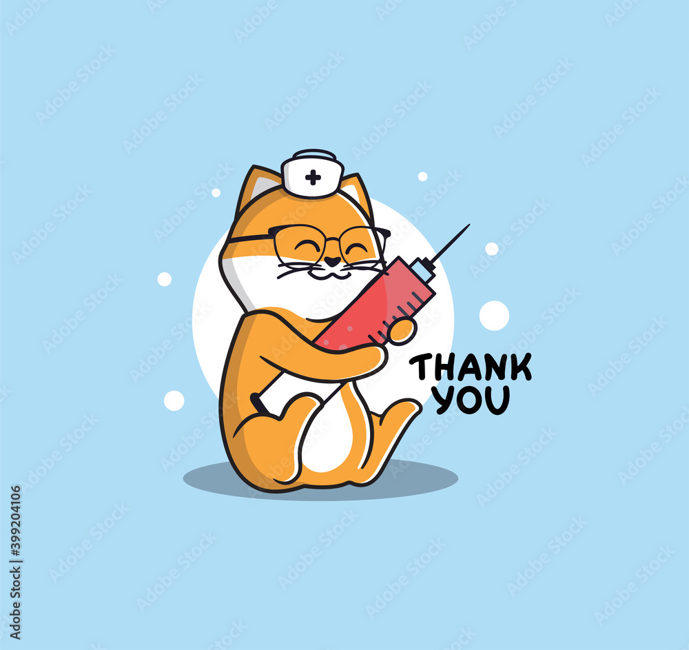 Cartoonish animal character with syringe and a lettering phrases - Thank you. Cartoonish animal character with syringe and a lettering phrases - Thank you.