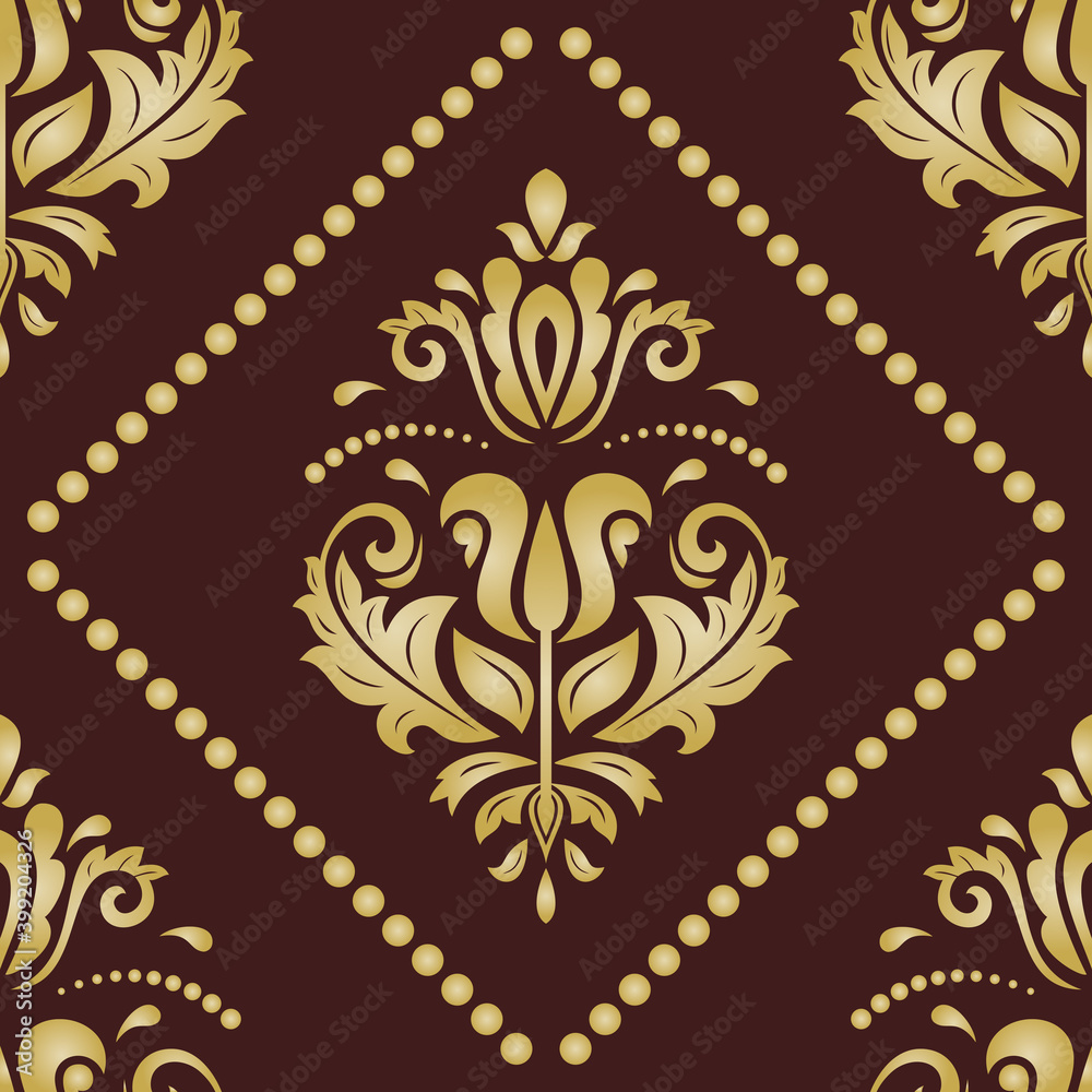 Classic seamless pattern. Damask orient ornament. Classic vintage brown and golden background. Orient ornament for fabric, wallpaper and packaging