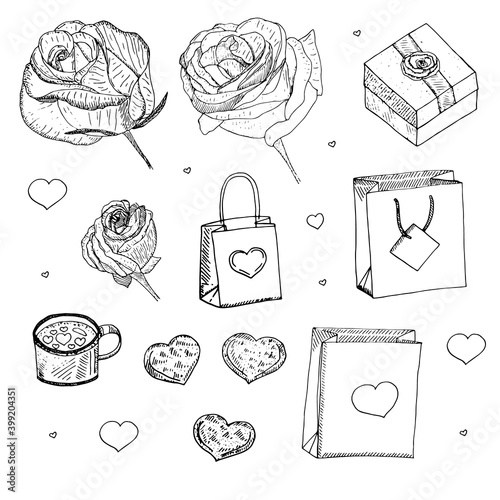 Set for Valentine's day, rose flowers, gifts in boxes and bags, coffee and cookies in the shape of a heart, vector illustration, hand drawing