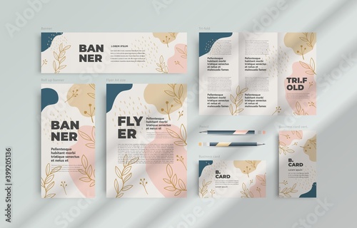 Identity Hand drawn various shapes and leafs theme. Abstract contemporary modern trendy vector illustration. Set flyer cover, tri-fold, banner, roll up banner, business card
