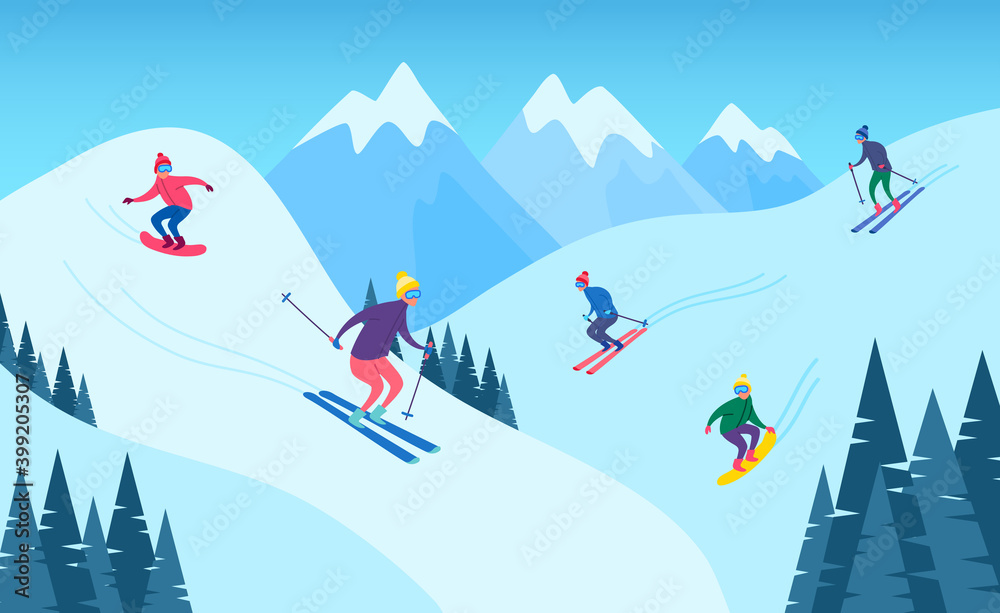 Cartoon Color Characters People Skiing and Snowboarding Concept. Vector