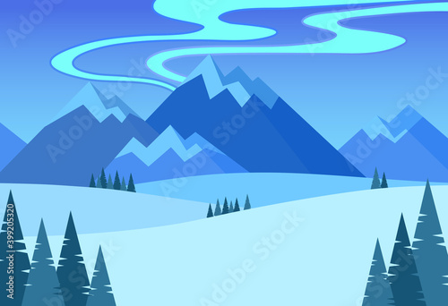 Cartoon Color Winter Mountains Landscape Scene Concept. Vector
