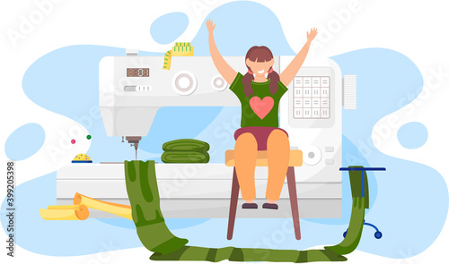 Girl happily raising her hands. Woman thinking about design of clothes. Female character in the tailoring studio. Designer works with sewing machine. Seamstress with a piece of fabric in the atelier