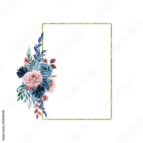 Watercolor gold foliage geometric frame. Isolated rectangle polygonal frame. Dusty Pink, Dusty blue Bouquet. Pastel flowers. For wedding design, invitations, bridal shower
